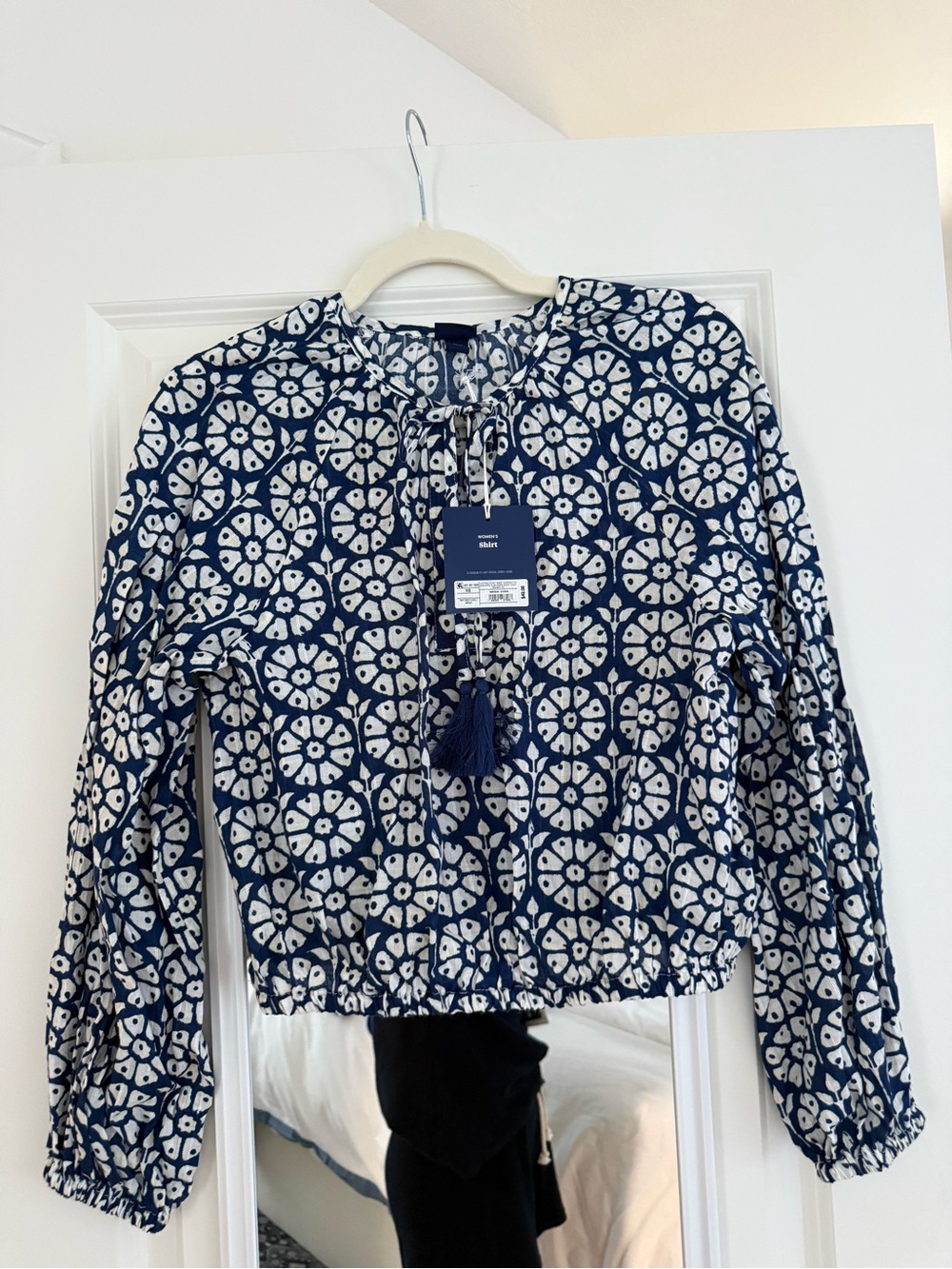 Target Navy and White Printed Peasant Blouse with Tassel Tie